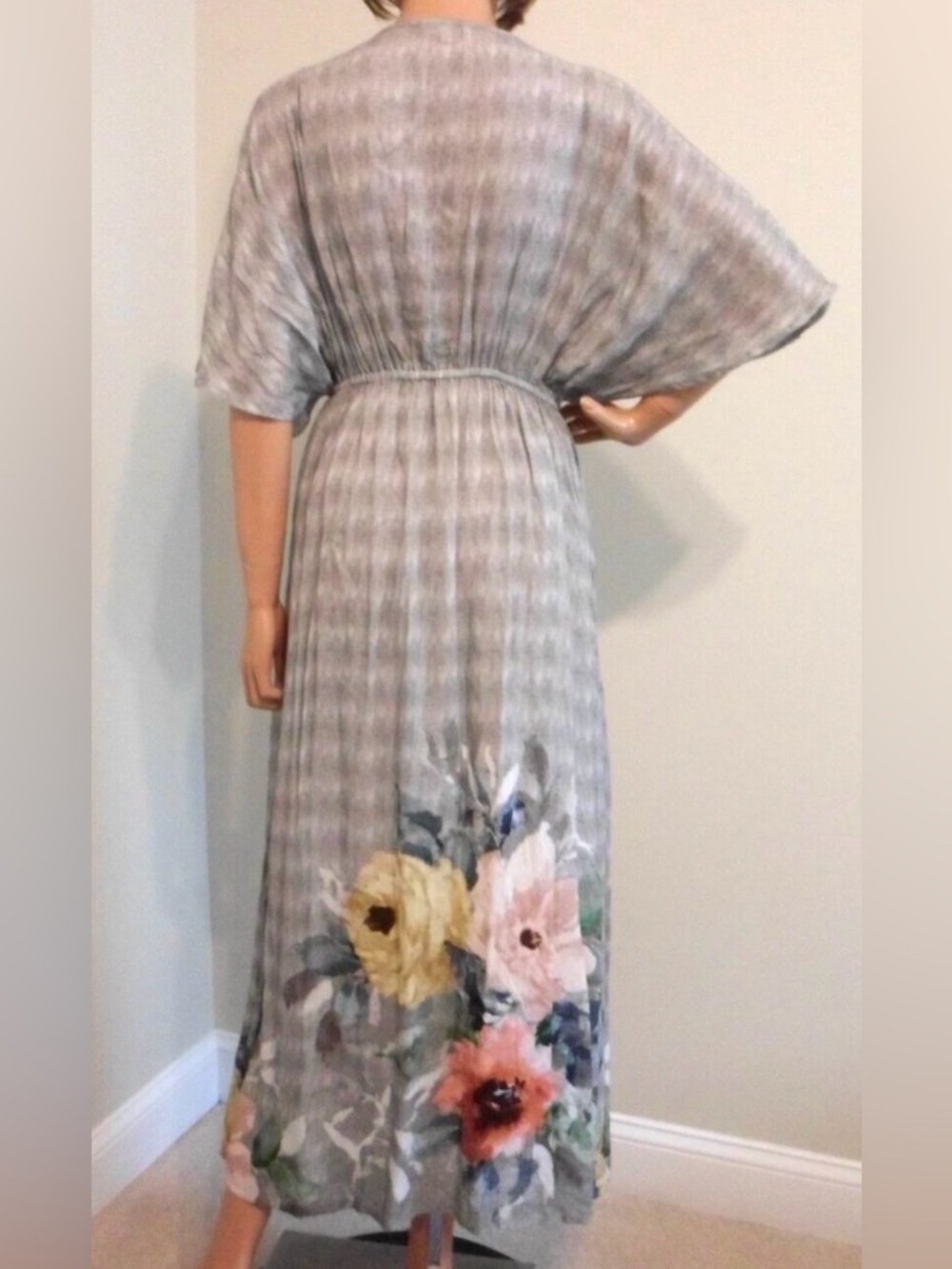 World Market Grey Embroidered Floral V-neck  Kimono L/XL CoverUp Maxi Dress - Picture 4 of 9
